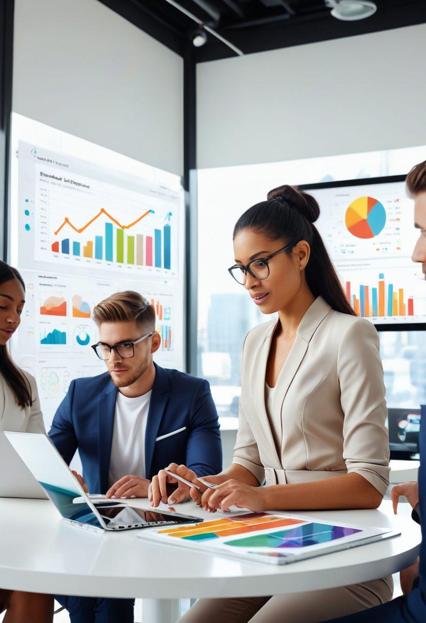 A modern office setting showcasing a diverse group of professionals enthusiastically using digital faxing technology on sleek devices. Highlight various communication tools like tablets and laptops, demonstrating ease of use and efficiency. Include visual elements like charts or graphs representing business growth, complemented by a vibrant, futuristic backdrop. The ambiance should be bright and inviting, suggesting innovation and progress. super-realistic. vibrant colors. white background.