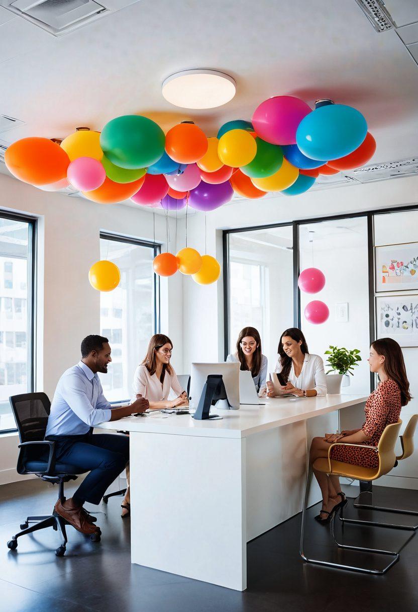 A modern office setting with a sleek fax machine, surrounded by smiling professionals engaged in lively discussions, showcasing a boost in business communication. Bright colors and soft lighting create a warm atmosphere. Include floating text bubbles illustrating happy customer interactions. Super-realistic. Vibrant colors. White background.