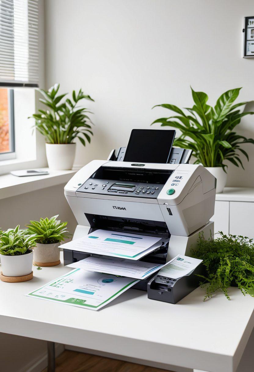 A modern workspace featuring a sleek, eco-friendly fax machine made of recycled materials, sustainability icons subtly displayed. In the background, digital screens showing secure faxing technology in action, with green plants symbolizing a commitment to efficiency and environmental consciousness. Bright natural lighting for a productive atmosphere. super-realistic. vibrant colors. white background.